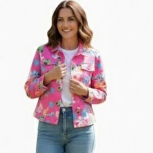 Mirette Pink Jacket With Blue , Green And Yellow Floral Pattern Size Large